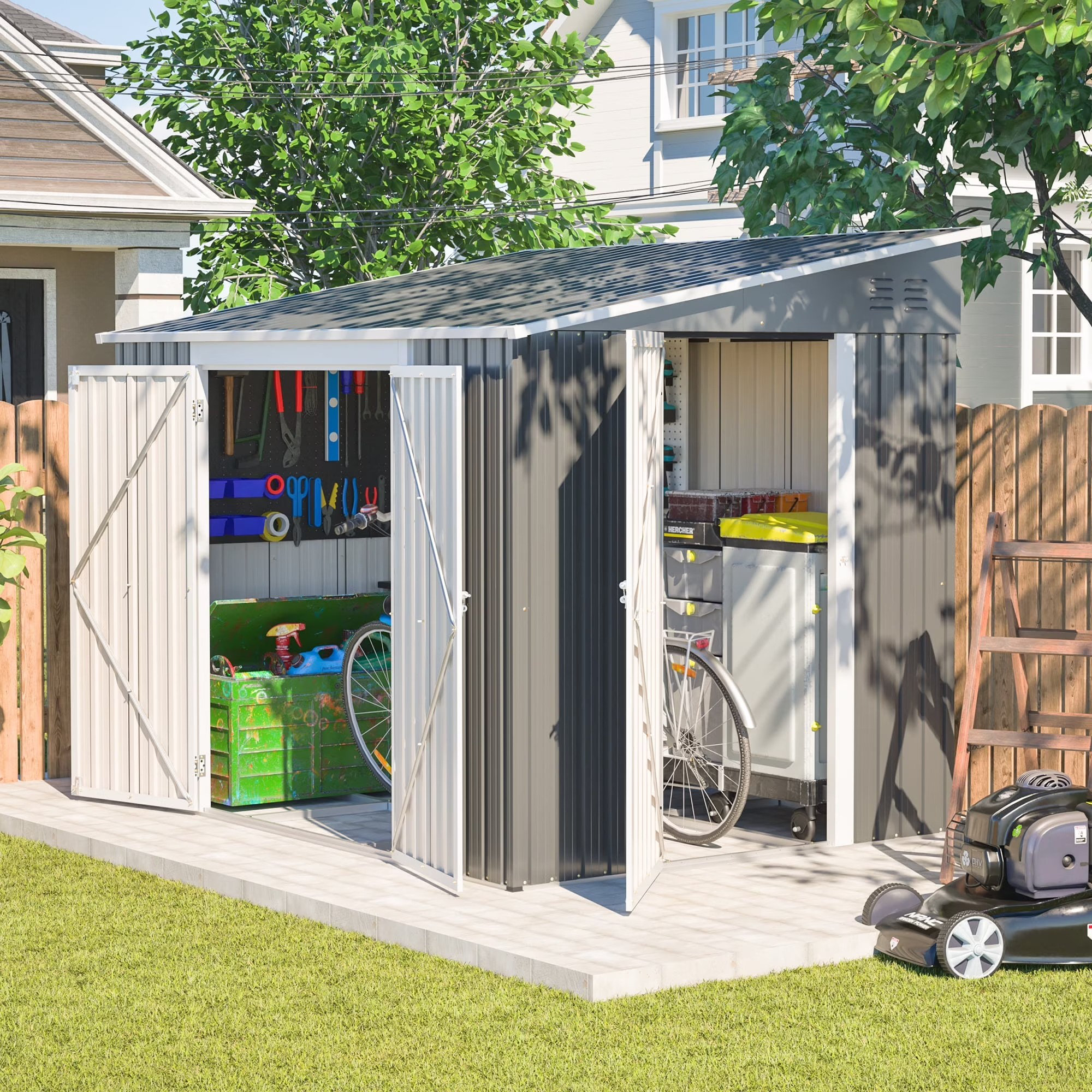 LZBEITEM Outdoor Metal Lean-To Storage Shed, Galvanized Floor